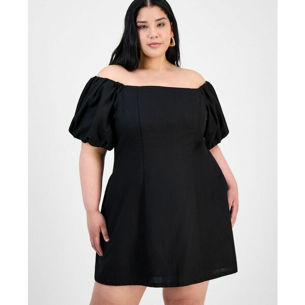 バースリー レディース ワンピース トップス Trendy Plus Size Bubble-Sleeve Off-The-Shoulder Dress, Exclusively at Macy's Deep Black