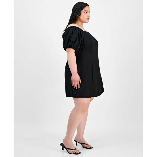 バースリー レディース ワンピース トップス Trendy Plus Size Bubble-Sleeve Off-The-Shoulder Dress, Exclusively at Macy's Deep Black