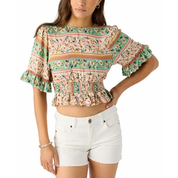 オニール レディース カットソー トップス Juniors' Harlow Printed Reversible Ruffled Crop Top Tapioca