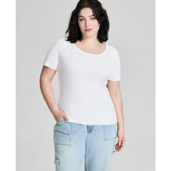 アンド ナウ ディス レディース ニット&セーター アウター Trendy Plus Size Short-Sleeve Sweater, Exclusively at Macy's White