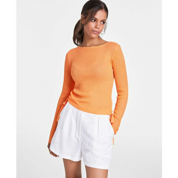バースリー レディース ニット&セーター アウター Women's Ribbed Tie-Hem Sweater, Created for Macy's Island Orange