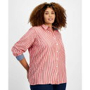 トミー ヒルフィガー レディース カットソー トップス Plus Size Shimmer Shadow Striped Button-Front Shirt Chili Pepper/Gold(4)