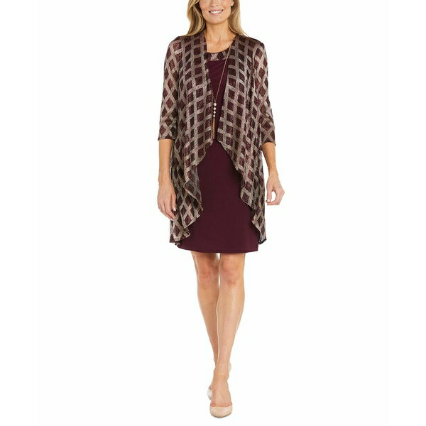 アールアンドエムリチャーズ レディース ワンピース トップス Petite Metallic-Plaid Jacket & Sheath Dress Merlot Gold