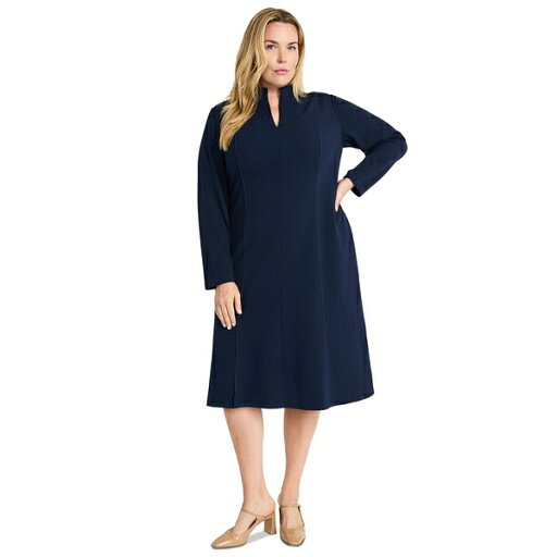 マギーロンドン レディース ワンピース トップス Plus Size Split-Neck Structured A-Line Dress Navy マギーロンドン レディース ワンピース トップス Plus Size Split-Neck Structured A-Line Dress Navy