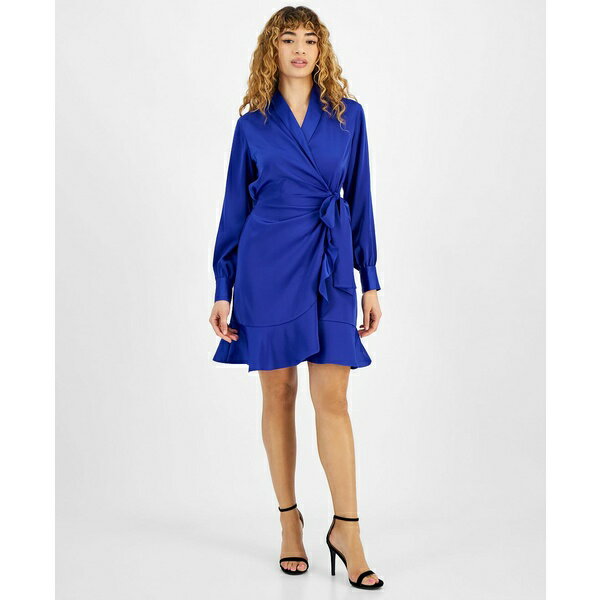 バースリー レディース ワンピース トップス Women's Satin Faux-Wrap Dress, Created for Macy's Deep Blue