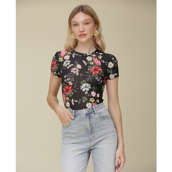 アベックレフィレ レディース カットソー トップス Women's Floral-Print Fitted T-Shirt Black Wildflower