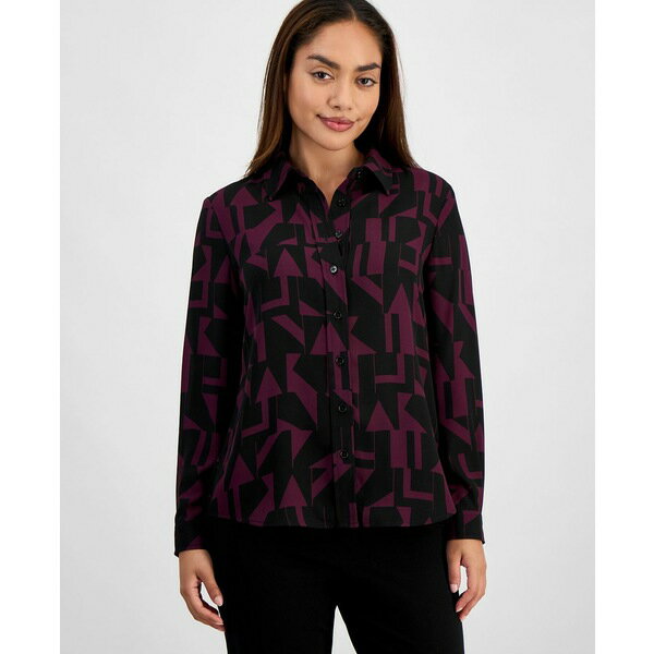 エーケー アン クライン レディース カットソー トップス Petite Geo-Print Shirt Anne Blk/deep Plum