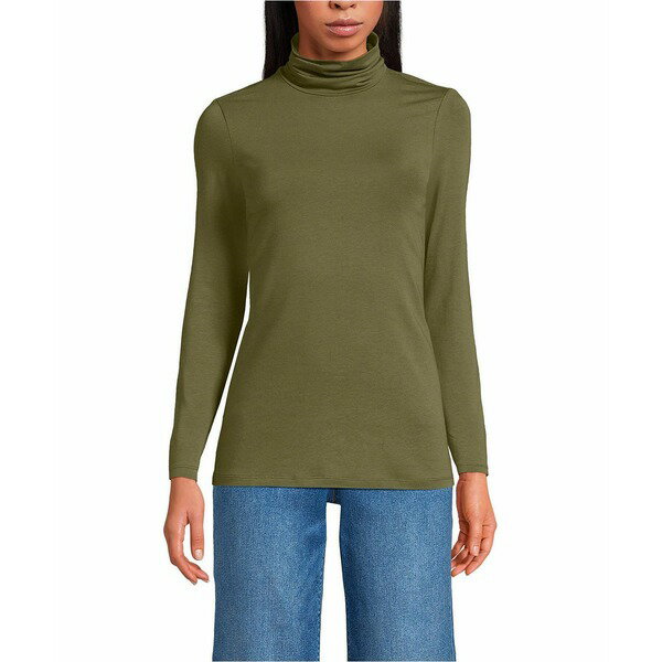 ランズエンド レディース カットソー トップス Lightweight Jersey Long Sleeve Turtleneck Olive drab(4)