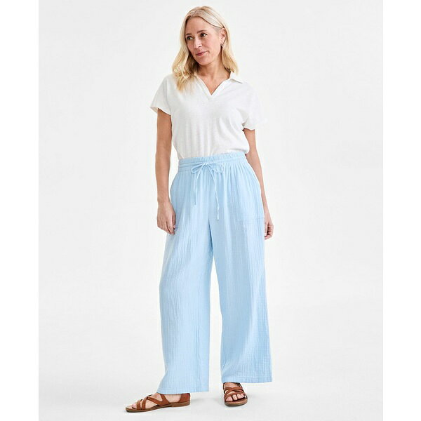 スタイルアンドコー レディース カジュアルパンツ ボトムス Petite Gauze Wide-Leg Pull-On Pants, Created for Macy's Dream Blue