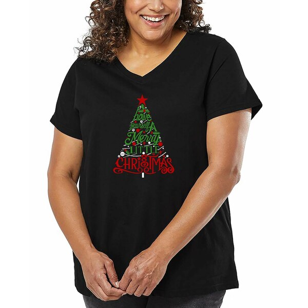 エルエーポップアート レディース カットソー トップス Plus Size Have Yourself a Merry Little Christmas Word Art V-Neck T-Shirt Black