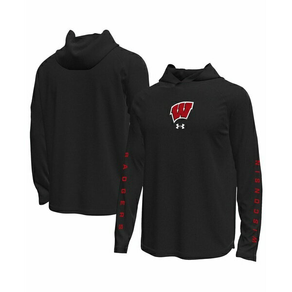 ޡ  T ȥåץ Men's Black Wisconsin Badgers Tech Stretch Long-Sleeve Hooded T-Shirt Black