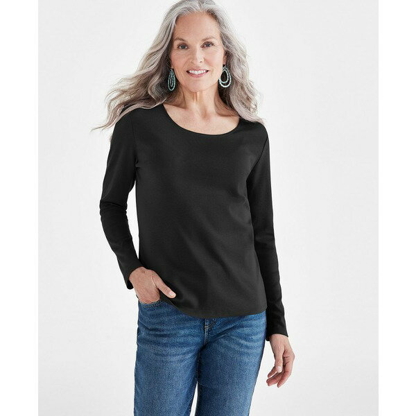 スタイルアンドコー レディース カットソー トップス Women's Cotton Long-Sleeve Scoop-Neck Top, PP-..