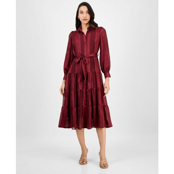 ロビービー レディース ワンピース トップス Petite Satin Stripe Tie-Waist Shirtdress Wine