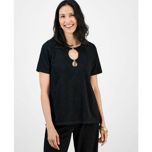 ジェイエムコレクション レディース カットソー トップス Women's Textured Knit Cutout Top Deep Black Combo