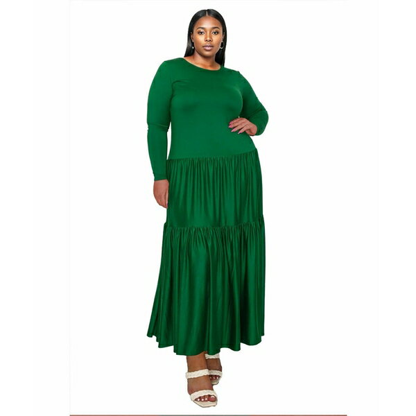リブド レディース ワンピース トップス Plus Size Tiered Maxi Dress with Long Sleeves Green