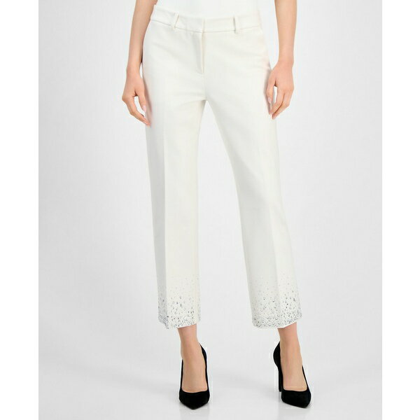 アンクライン レディース カジュアルパンツ ボトムス Women's Embellished Mid-Rise Capri Pants White Dove