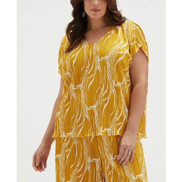 エラ ラファエラ レディース カットソー トップス Plus Size Ripple Print V-Neck Plisse Short Sleeve..