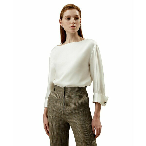 リリーシルク レディース カットソー トップス Silk Twill Blouse with Boat Neckline for Women Natural white(4)