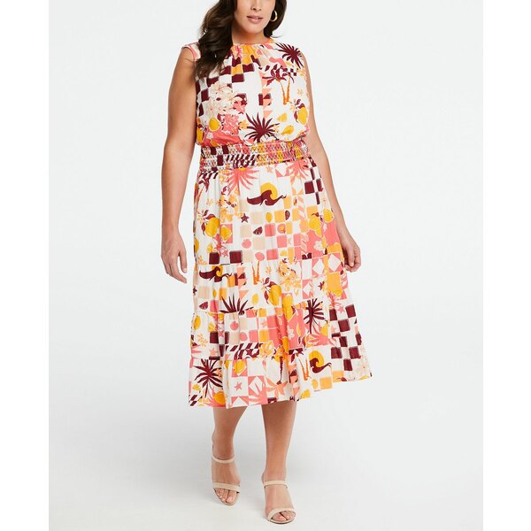 エラ ラファエラ レディース ワンピース トップス Plus Size Cotton Tiered Midi Dress Sun Kissed Coral