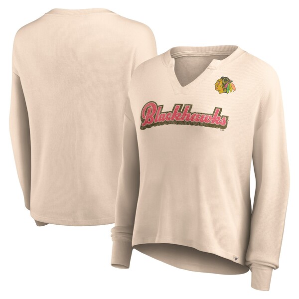 ファナティクス レディース Tシャツ トップス Chicago Blackhawks Fanatics Branded Women 039 s Go For It Notch Neck Waffle Knit Long Sleeve TShirt Oatmeal