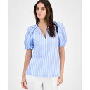 アンクライン レディース カットソー トップス Women's Cotton Poplin Striped Puff-Sleeve Blouse Surf Bl...