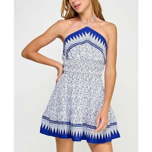トリッキ レディース ワンピース トップス Juniors' Ruched-Waist Printed Halter Mini Dress White Blue トリッキ レディース ワンピース トップス Juniors' Ruched-Waist Printed Halter Mini Dress White Blue