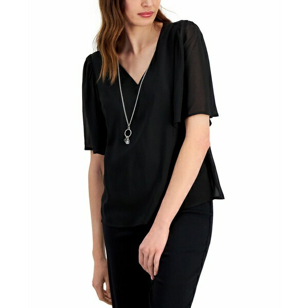 ジェイエムコレクション レディース カットソー トップス Women's Flutter-Sleeve Necklace Top, Created for Macy's Deep Black