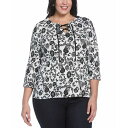 ラファエラ レディース カットソー トップス Plus Size Floral Print Lace Up 3/4 Sleeve Top Black