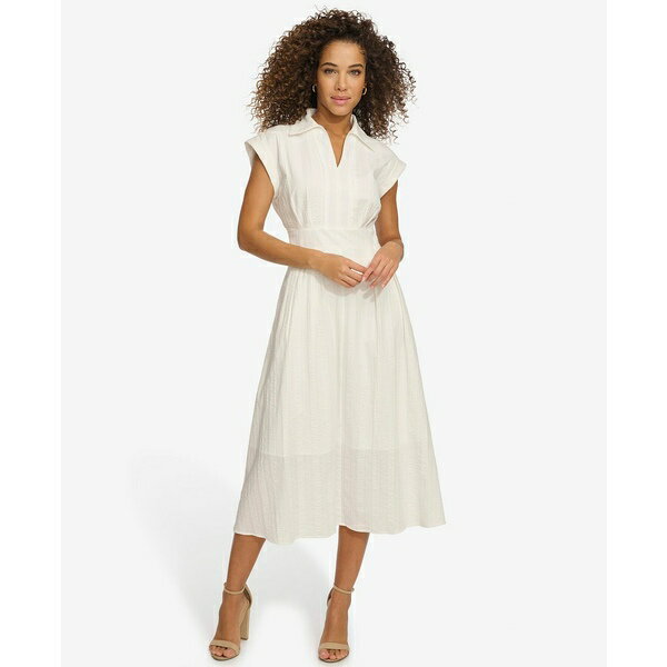 ケンジー レディース ワンピース トップス Women's Textured-Stripe Collared Midi Dress White