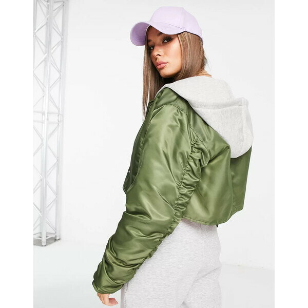 エイソス レディース ジャケット＆ブルゾン アウター ASOS DESIGN cropped bomber jacket with jersey hood in khaki Khaki