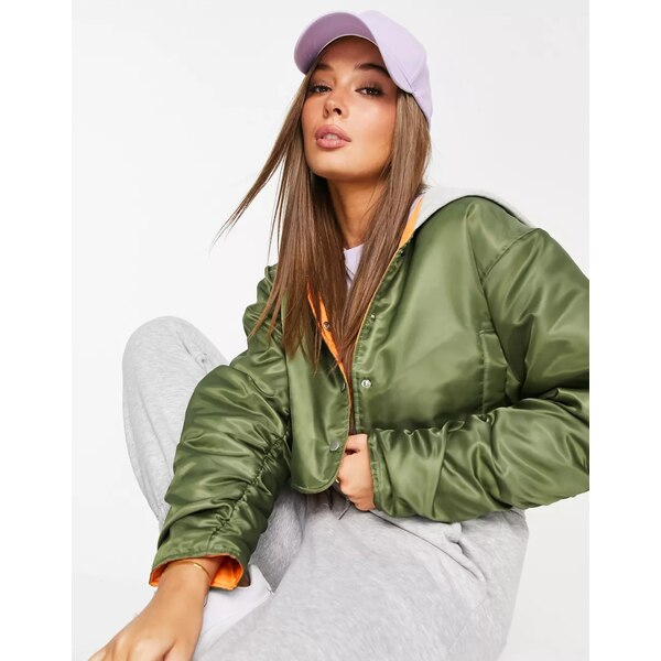 エイソス レディース ジャケット＆ブルゾン アウター ASOS DESIGN cropped bomber jacket with jersey hood in khaki Khaki