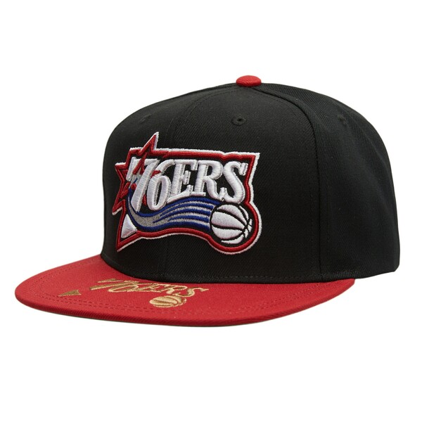 ~b`F&lX Y Xq ANZT[ Philadelphia 76ers Mitchell & Ness Hardwood Classics Logo Snapback Hat Black/Red