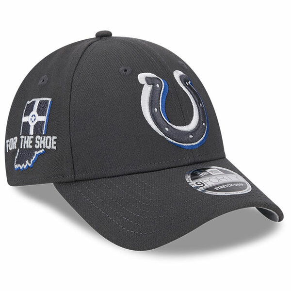 j[G Y Xq ANZT[ Indianapolis Colts New Era 2024 NFL Draft 9FORTY Adjustable Hat Graphite