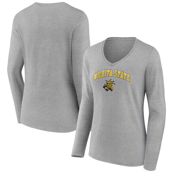 ファナティクス レディース Tシャツ トップス Wichita State Shockers Women's Campus Long Sleeve VNeck TShirt Heather Gray