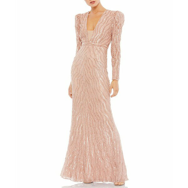 マックダガル レディース ワンピース トップス Women's Beaded Puff Sleeve Trumpet Evening Gown Mocha