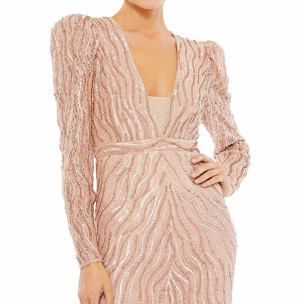 マックダガル レディース ワンピース トップス Women's Beaded Puff Sleeve Trumpet Evening Gown Mocha