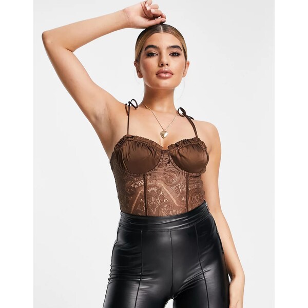 ラブトライアングル レディース ワンピース トップス Love Triangle corset bodysuit in chocolate brown lace CHOCOLATE BROWN