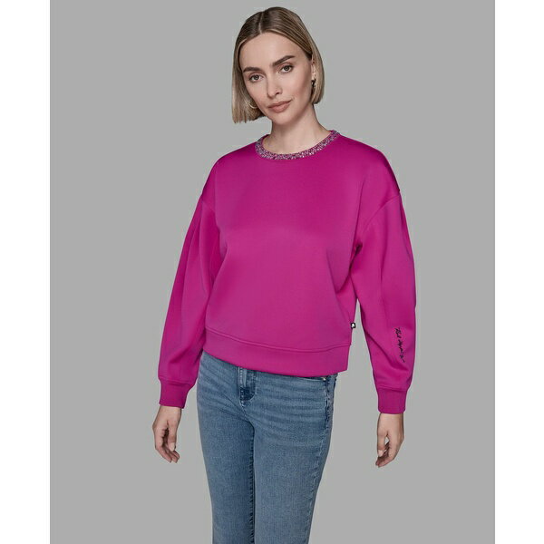 カールラガーフェルド レディース カットソー トップス Women's Crewneck Crystal Neck Top Brt Jwl Pi