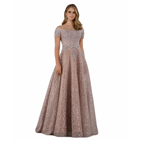 ララ レディース ワンピース トップス Women's Sheer Boat Neck Ball Gown Mauve