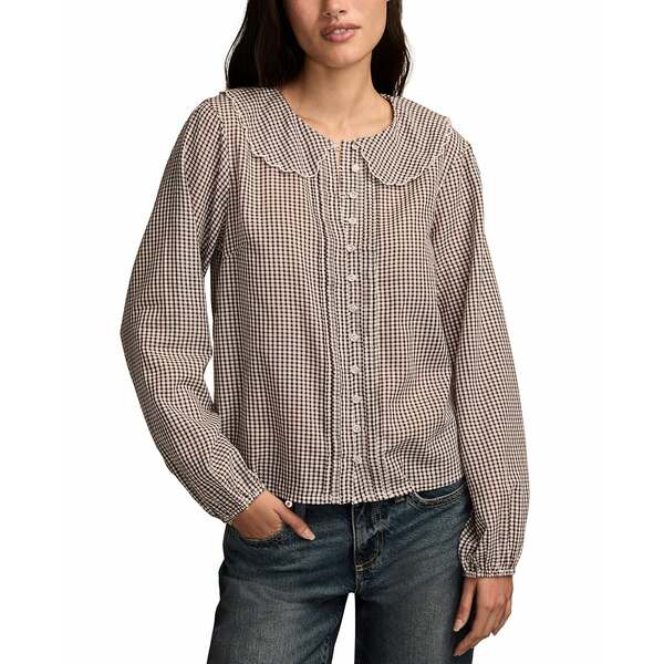 ラッキーブランド レディース カットソー トップス Women's Gingham Peter Pan Collar Top Brown Gingham