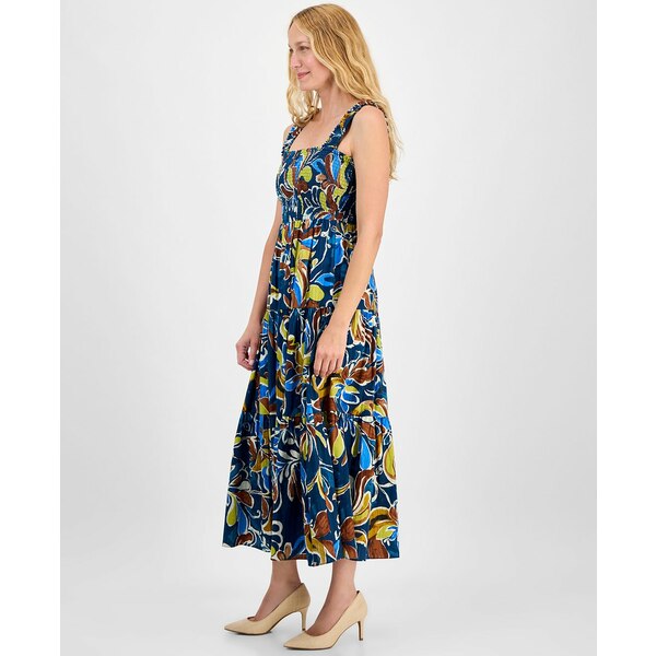 アンクライン レディース ワンピース トップス Women's Printed Smocked Cotton Sleeveless Maxi Dress Ink Teal Multi