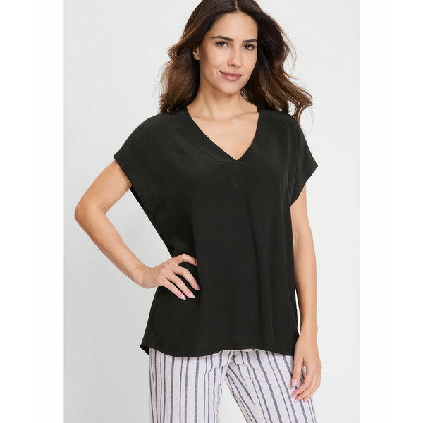オルセン レディース カットソー トップス Women's Solid V-Neck Short Sleeve Blouse Black