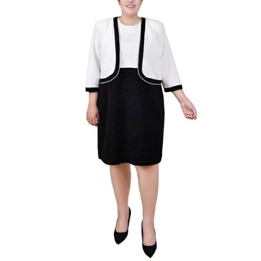ニューヨークコレクション レディース ワンピース トップス Plus Size 3/4 Sleeve Textured Knit 2 Piece Dress Set Black White ニューヨークコレクション レディース ワンピース トップス Plus Size 3/4 Sleeve Textured Knit 2 Piece Dress Set Black White