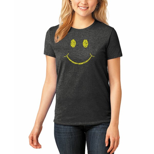 エルエーポップアート レディース Tシャツ トップス Women's Premium Blend Be Happy Smiley Face Word Art T-shirt Black