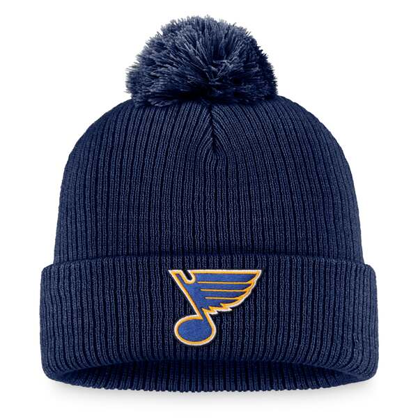 t@ieBNX Y Xq ANZT[ St. Louis Blues Fanatics Branded Core Primary Logo Cuffed Knit Hat with Pom Navy