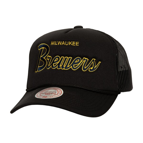 ミッチェル&ネス メンズ 帽子 アクセサリー Milwaukee Brewers Mitchell & Ness Script Trucker Adjustable Hat Black