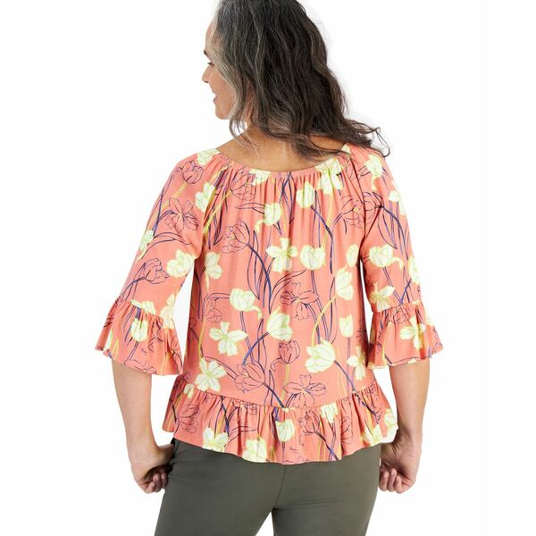 X^CAhR[ fB[X Jbg\[ gbvX Women's Printed On-Off Ruffle Sleeve Top, Created for Macy's Tulip Coral