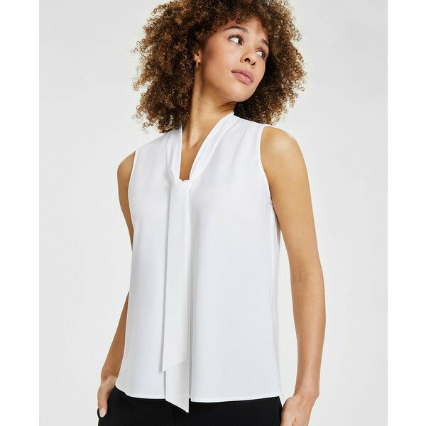 カスパー レディース カットソー トップス Women's Sleeveless Tie-Neck Top, Regular and Petite Sizes White