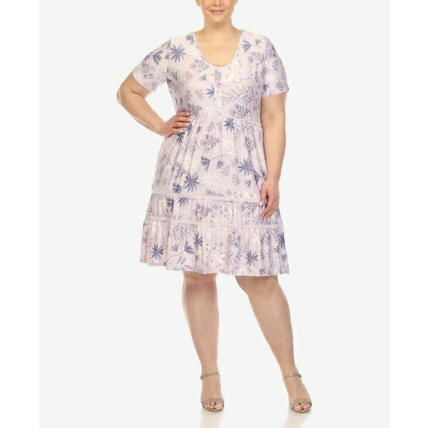 ホワイトマーク レディース ワンピース トップス Plus Size Floral Short Sleeve Knee Length Dress Lavender