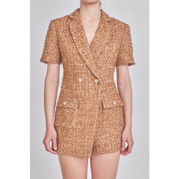 ɥ쥹 ǥ 奢ѥ ܥȥॹ Women's Short Sleeve Tweed Romper Brown